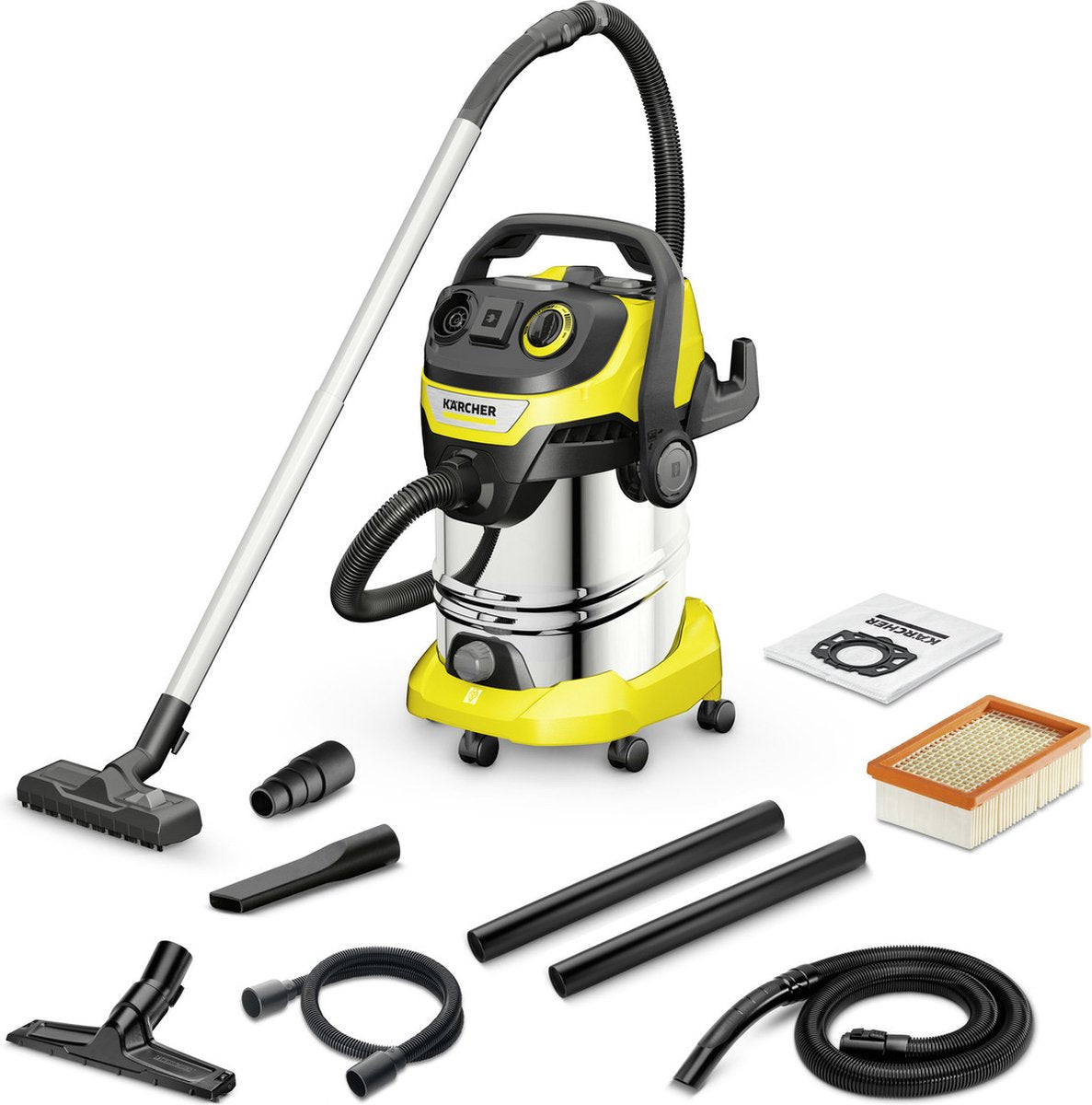 Kärcher wd 6 p s v-308 22 t rénovation - 1300 w - 30 litres - kit de rénovation - prise intégrée - tuyaux d'aspiration en inox - vis de vidange - récipient en inox - filtre plat