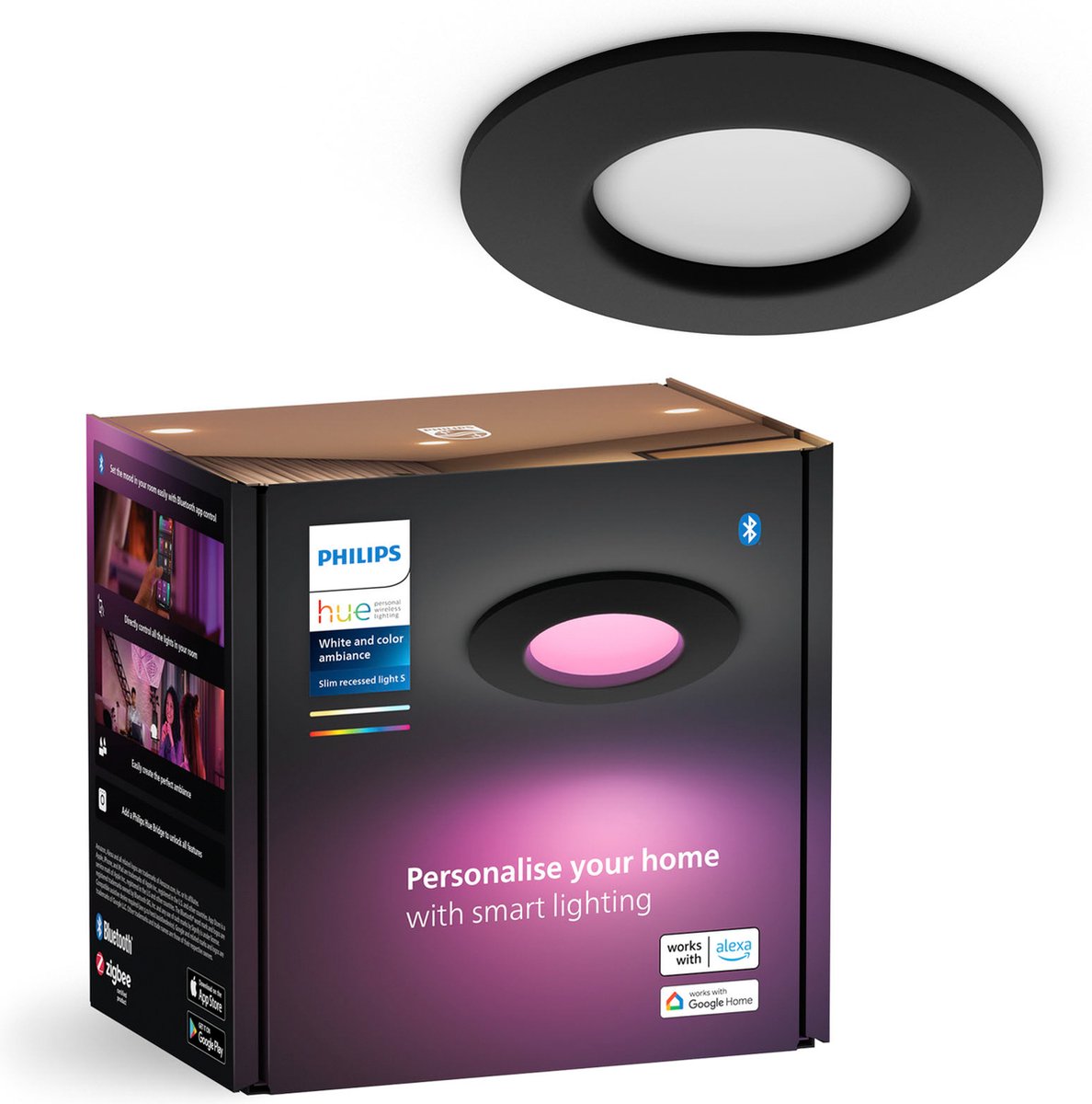 Spot encastrable Philips hue Thin - lumière blanche et colorée - ø90mm - noir