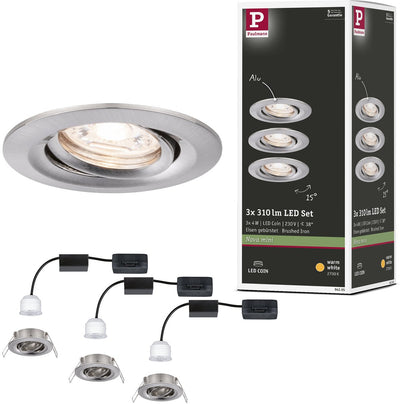 Paulmann lampe encastrable LED nova mini coin base set orientable rond 66 mm 15° coin 3x4w 3x310lm 230v 2700k acier brossé