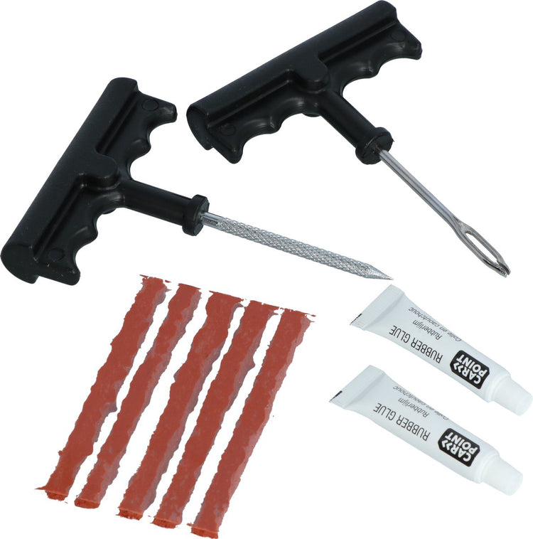 Kit de réparation de pneus Carpoint 9 pièces - pour pneus tubeless - avec colle à caoutchouc - compact et idéal pour la route
