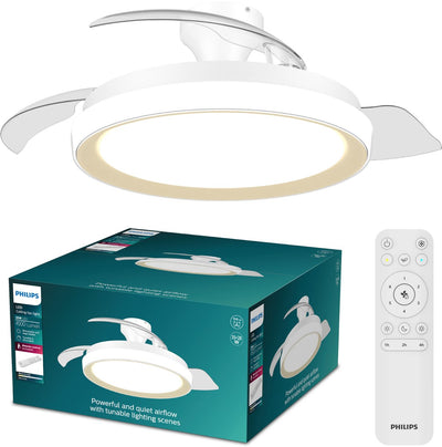 Philips LED Ventilateur de plafond Philips Bliss avec lampe LED intégrée - 3 pales rétractables, diamètre : 106 cm - 4500 lumens - lumière blanche réglable de 2700k à 6500k - dimmable jusqu'à 5% - télécommande - blanc avec or