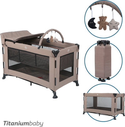 Titanium baby Lit de camping pour bébé en titane massif Emma taupe luxuriant avec table à langer | jouer à l'arche | rehausseur de base de moustiquaire