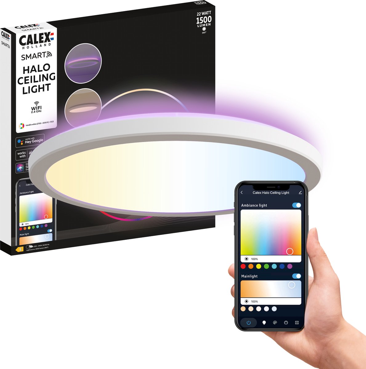 Plafonnier intelligent Calex halo - plafonnier intelligent 30cm - lumière RVB et blanc chaud - blanc