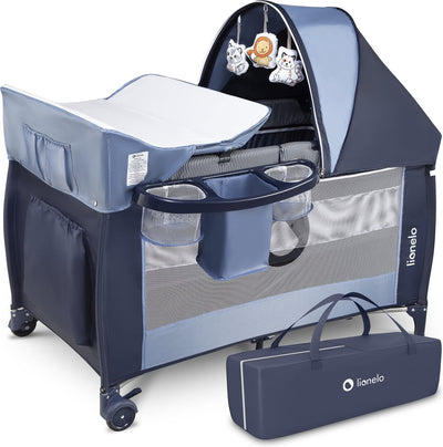 Lit de camping évolutif Lionelo sven plus 2en1 - 127x60 cm - jusqu'à 15 kg - cododo - lit de voyage avec table à langer, organiseur, moustiquaire et jouets interactifs