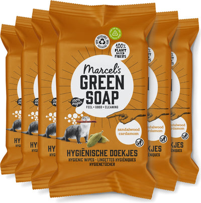 Savon vert de Marcel - lingettes nettoyantes hygiéniques - cardamome santal - 6 x 60 pièces