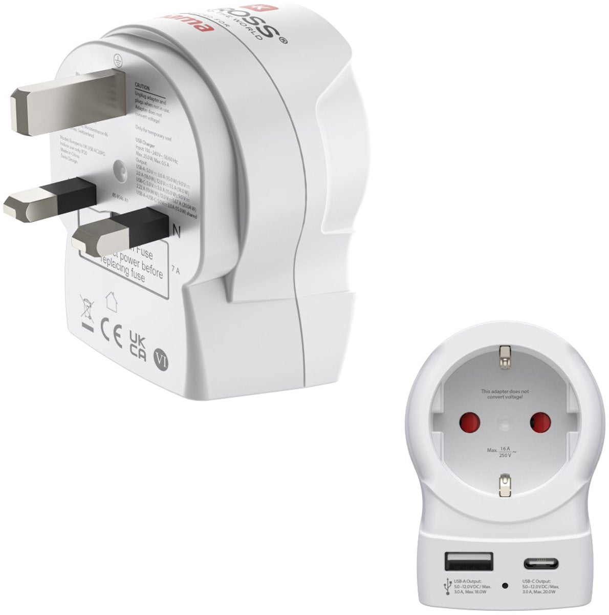 Hama skross by travel plug - eur (type e, f) to uk (type g) - 1x USB-A, 1x USB-C PD - blanc