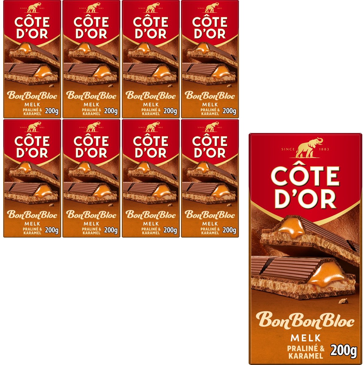 Côte d'or bonbonbloc tablette de chocolat lait praliné caramel 8 x 200g - tablettes de chocolat - cadeau anniversaire femme ou homme - stock