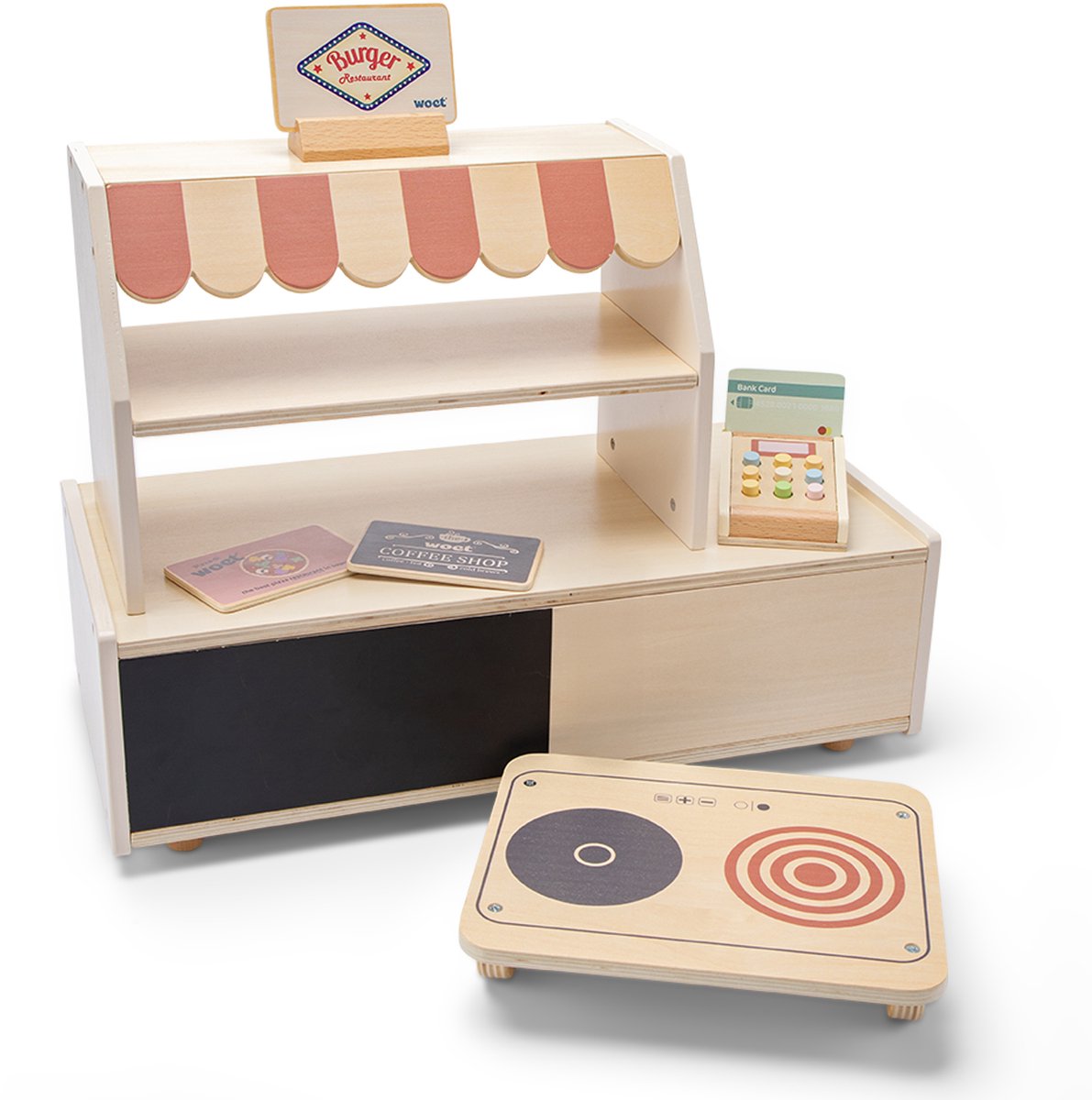 Jouet mini boutique de restaurant en bois Woet ® - comprenant 3 panneaux thématiques double face, un distributeur d'épingles et un plateau chauffant réversible - jeu de rôle imaginatif - à partir de 3 ans