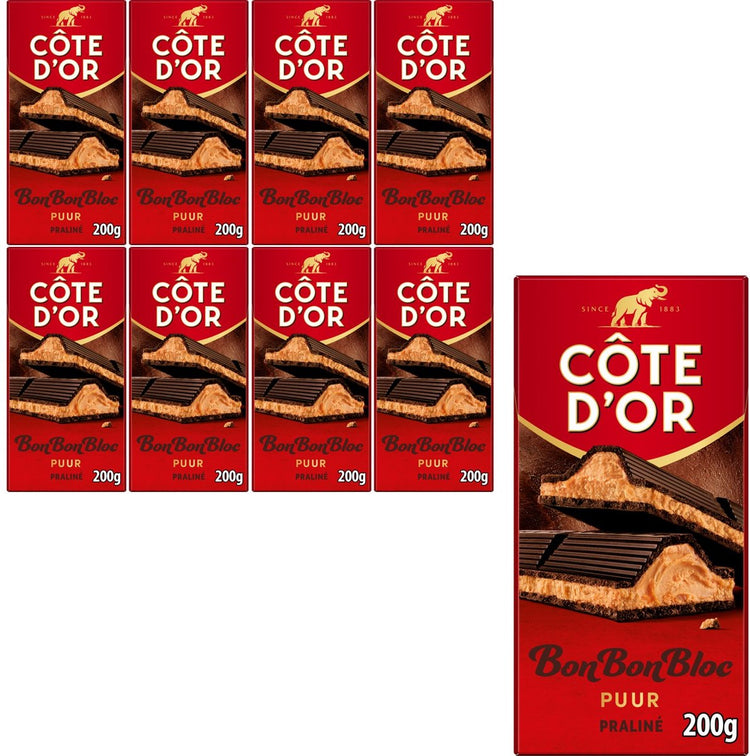 Côte d'or bonbonbloc tablette de chocolat pur praliné 8 x 200g - tablettes de chocolat - cadeau anniversaire femme ou homme - stock