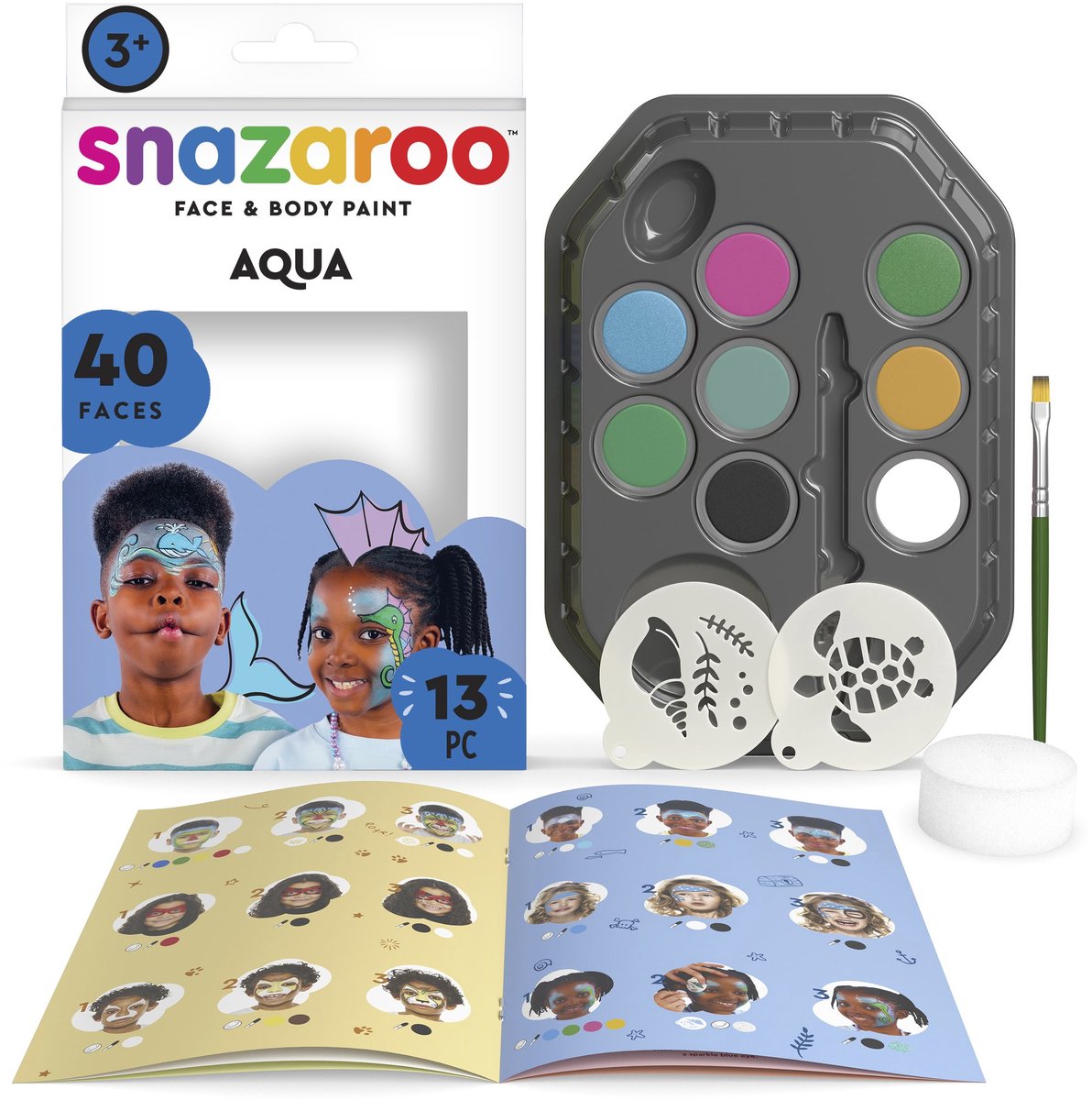 Snazaroo 1172191 Kit de peinture pour le visage sous-marine océan – peinture pour le visage pour enfants – ensemble de peinture pour le visage aquatique avec pochoirs – 13 pièces, hypoallergénique