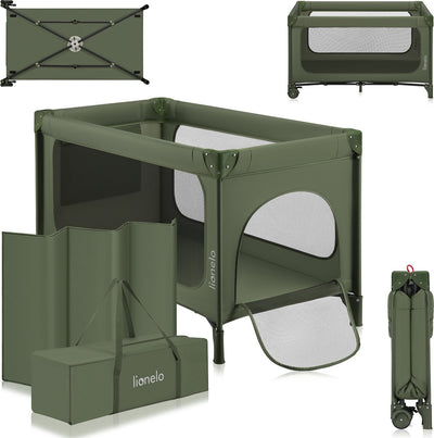 Lionelo jasmin easy fold campingbedje – snel opvouwbaar systeem – 2 matrashoogtes (t25) – zijdeur met rits – gaaswanden – 2 wielen met rem – stalen frame – reistas inbegrepen – 0-36 maanden – reisbedje met zijvak – compact draagbaar