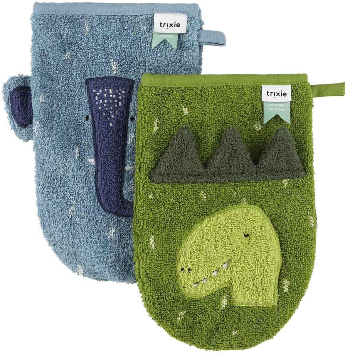 Lot de 2 gants de toilette Trixie | M. dinosaure - Mme. éléphant