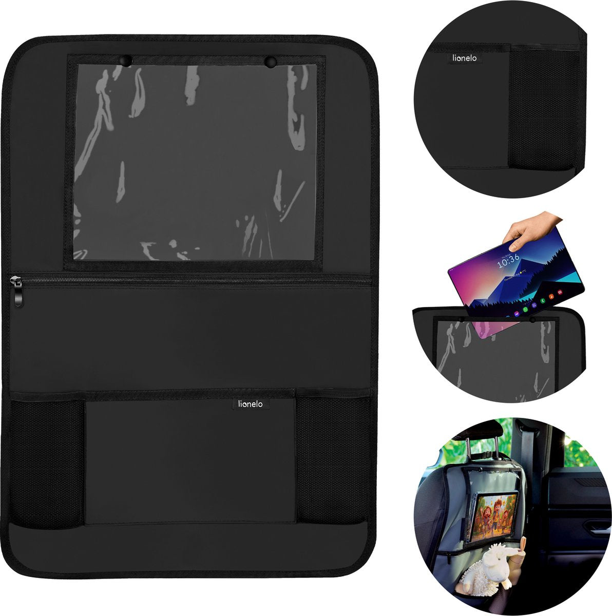 Organisateur de siège Lionelo - organisateur de siège de voiture fonctionnel - 5 compartiments de rangement, support pour tablette jusqu'à 13" - cuir PU imperméable - assemblage facile - sûr et pratique pour voyager