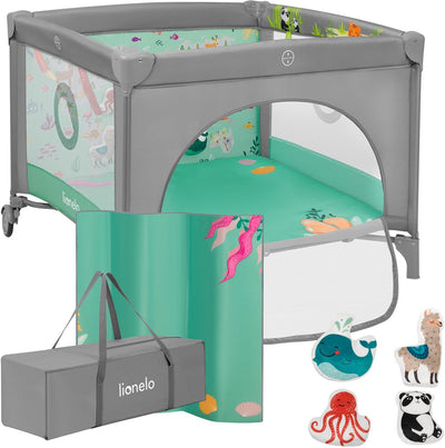 Parc Lionelo mille plus 0-36 mois – parc bébé avec matelas en mousse T25, jouets éducatifs, poignées pour apprendre à se tenir debout, mobile pliable, porte latérale avec fermeture éclair – parc pour la maison et les voyages