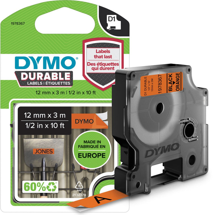 Étiquettes durables Dymo originales d1 | texte noir sur étiquette orange | 12 mm x 3 m | étiquettes autocollantes pour l'imprimante d'étiquettes Label Manager | fabriqué en europe