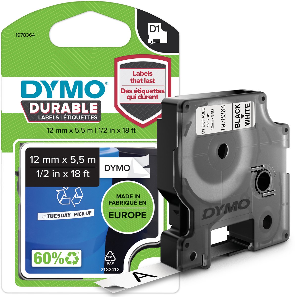 Ruban d'étiquettes dymo d1 vinyle durable 12 mm x 5,5 m noir sur blanc