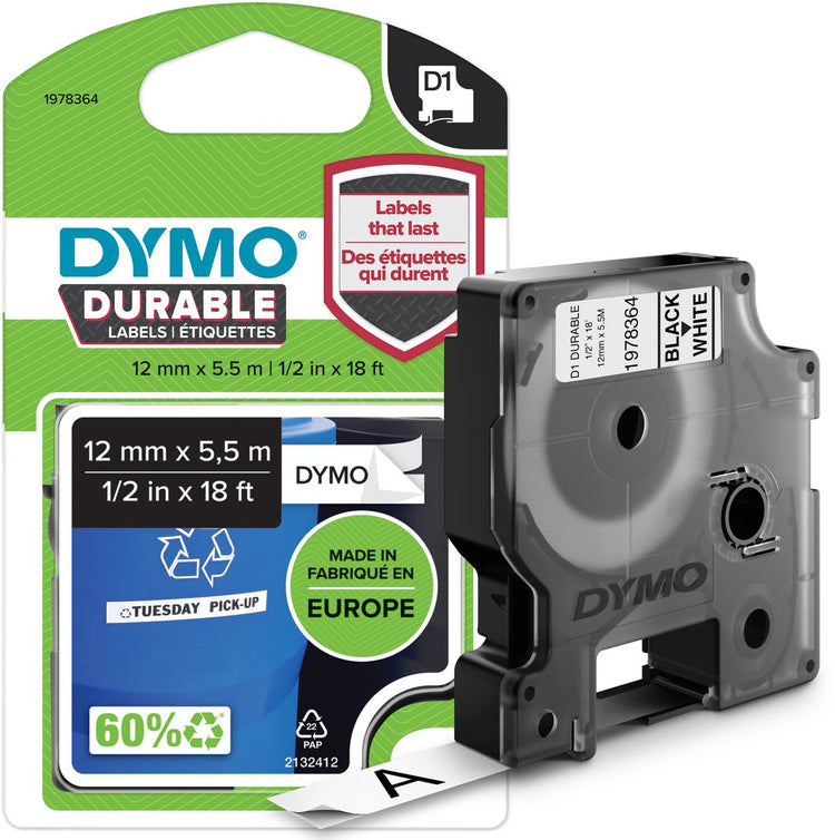 Ruban d'étiquettes dymo d1 vinyle durable 12 mm x 5,5 m noir sur blanc