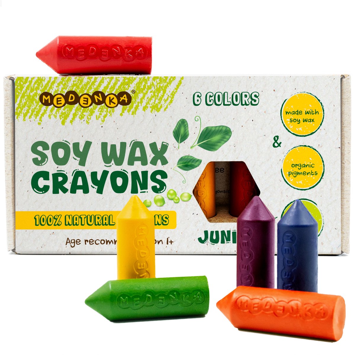 Crayons de cire de soja Medenka ® junior - 6 couleurs - végétalien naturel - cire de soja végétale - jouets créatifs sûrs - à partir de 1 an