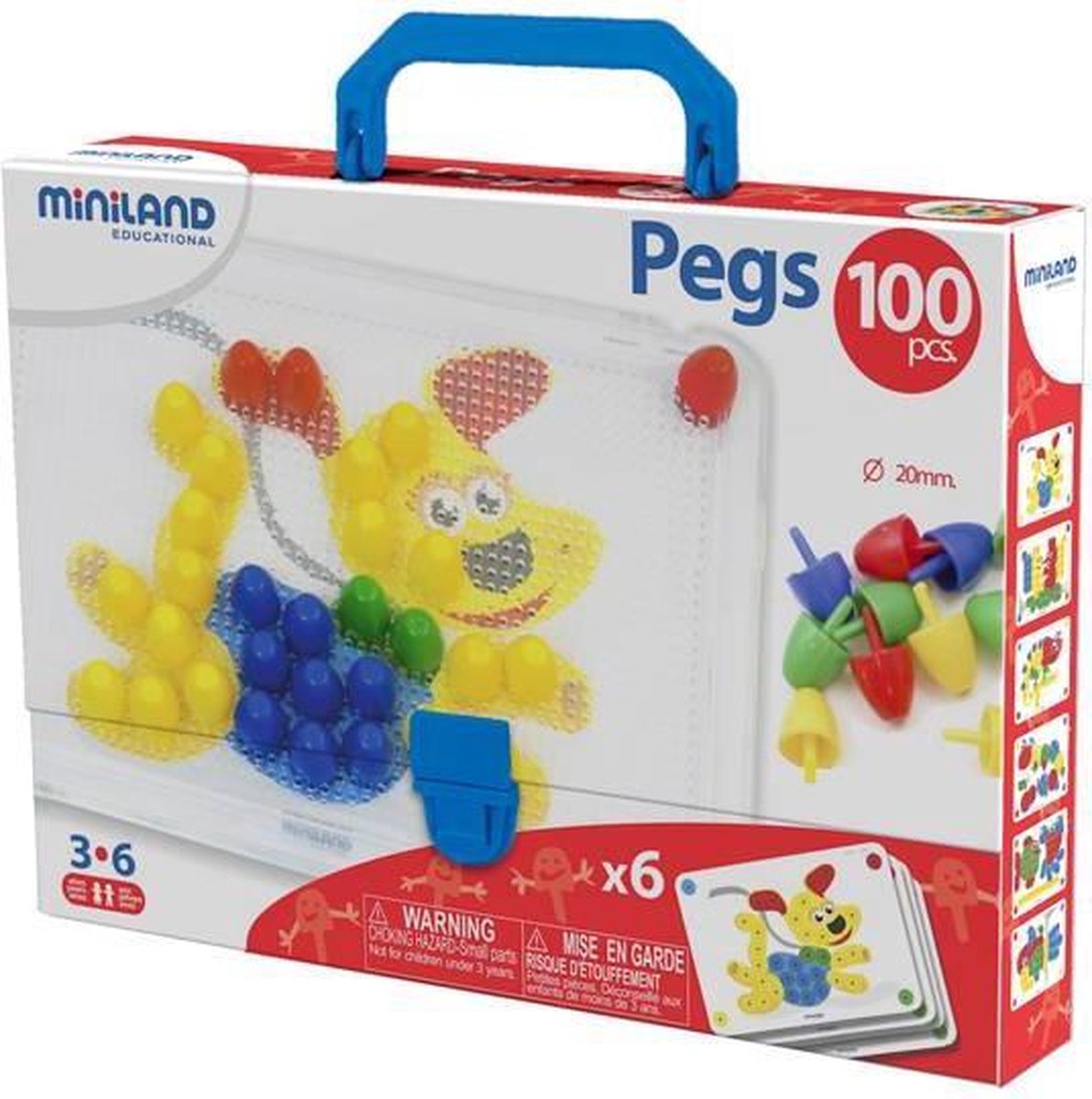 Piquets mosaïque Miniland - 20mm - 100 piquets - en boîte avec poignée - 3 ans
