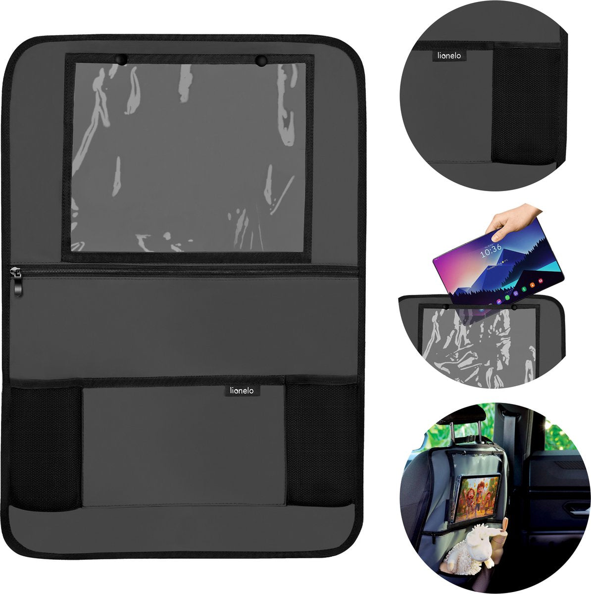 Organisateur de siège Lionelo - organisateur de siège de voiture fonctionnel - 5 compartiments de rangement, support pour tablette jusqu'à 13" - cuir PU imperméable - assemblage facile - sûr et pratique pour voyager
