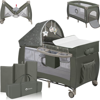 Lit de camping évolutif Lionelo sven plus 2en1 - 127x60 cm - jusqu'à 15 kg - cododo - lit de voyage avec table à langer, organiseur, moustiquaire et jouets interactifs