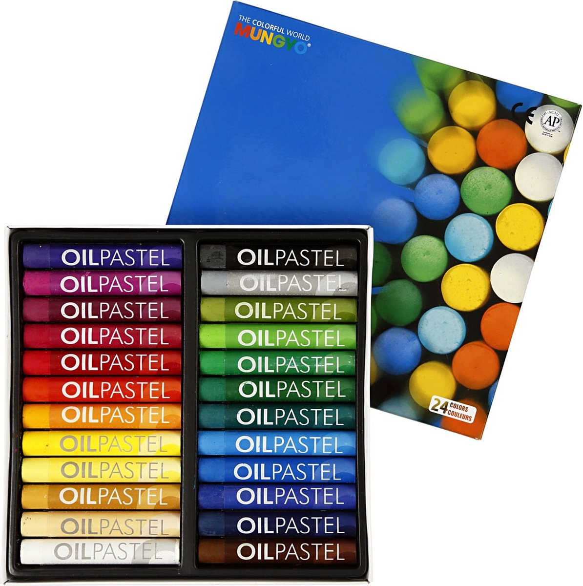 Pastel à l'huile Mungyo, l: 7 cm, épaisseur 11 mm, différentes couleurs, 24 pièces 1 boîte