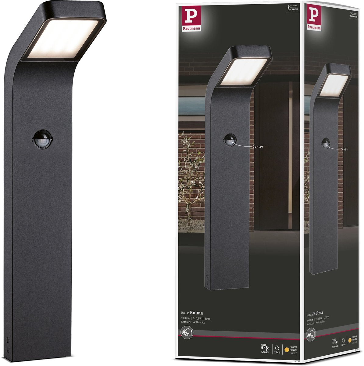 Paulmann Borne d'éclairage LED Kulma détecteur de mouvement (IR) crépusculaire résistant à l'eau de mer IP44 500 mm 3000K 7,5W 500LM 230V aluminium anthracite