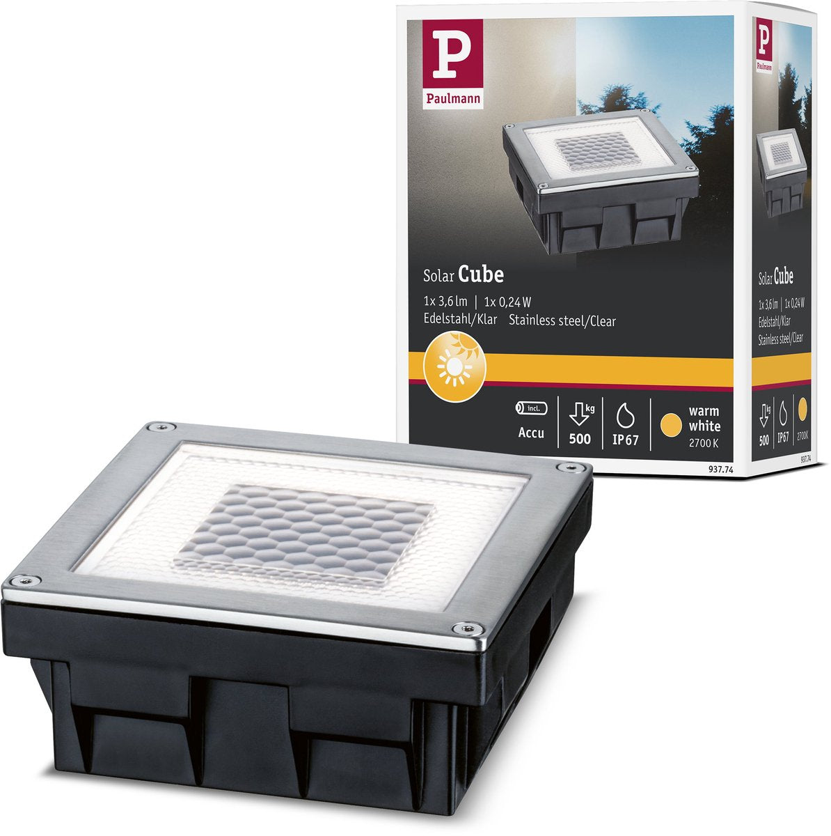 Paulmann lampe solaire LED enterrée cube ip67 2700k 3,6lm acier inoxydable, clair