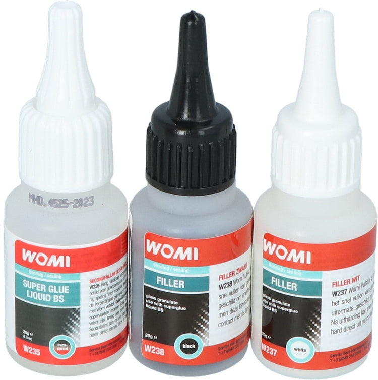 Kit de remplissage superglue Womi – colle + mastic – durcissement rapide – réparation extrêmement solide – multi-matériaux