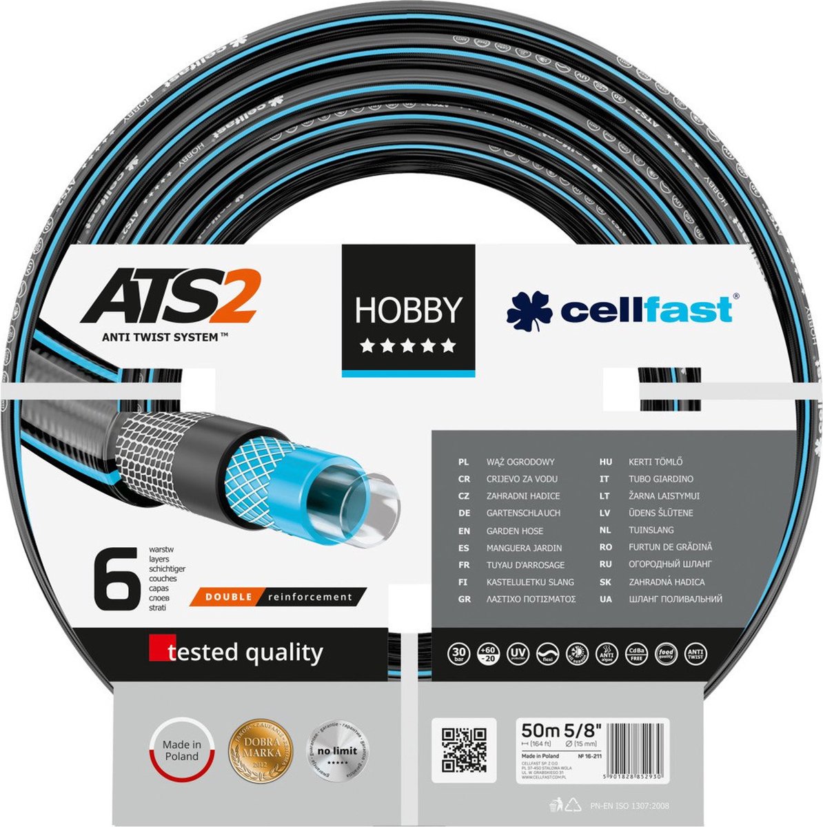 Cellfast hobby - Tuyau d'arrosage 6 couches 5 8 renforcé 50m de long - Protection UV