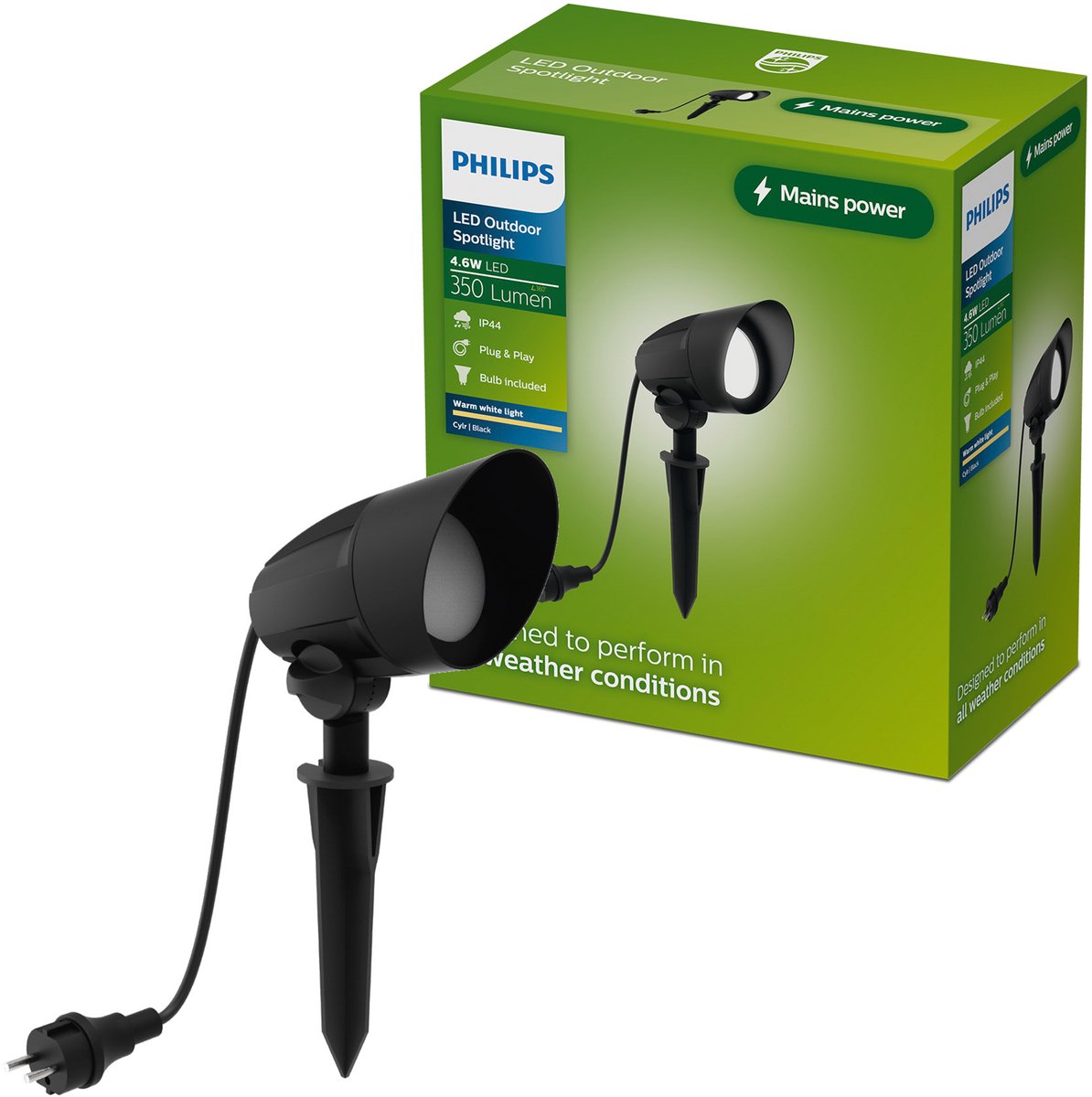 Philips LED Spot de sol Philips Cylr - éclairage extérieur - lumière blanc chaud : 2700k - spot LED Gu10 inclus - résistant aux intempéries : IP44 - noir - prise