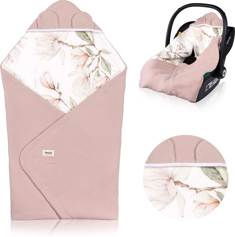 Couverture d'emmaillotage de voyage Lionelo - enveloppe pour poussette de siège auto - 100% coton bambou - tog 2,5 - hypoallergénique - pour automne hiver - réglable avec velcro - 90x90 cm - respirant doux - lavable en machine