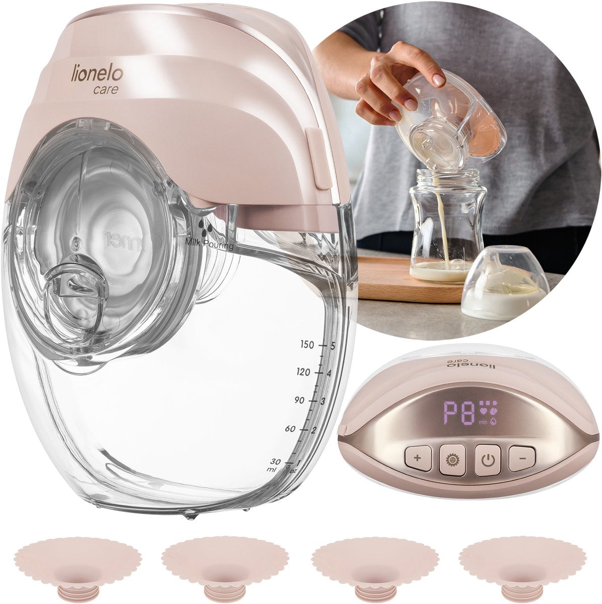 Tire-lait mains libres Lionelo fidi free slim – sans fil très silencieux (≤40 db) – système triphasé à 8 niveaux – light slim 214 g – réservoir tritan 150 ml – 4 téterelles (17-24 mm)