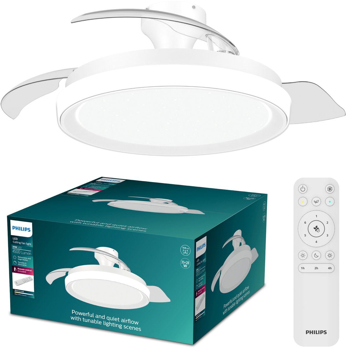 Philips LED Ventilateur de plafond Philips Bliss avec lampe LED intégrée - 3 pales rétractables, diamètre : 106 cm - 4500 lumens - lumière blanche réglable de 2700k à 6500k - dimmable jusqu'à 5% - télécommande - blanc avec paillettes