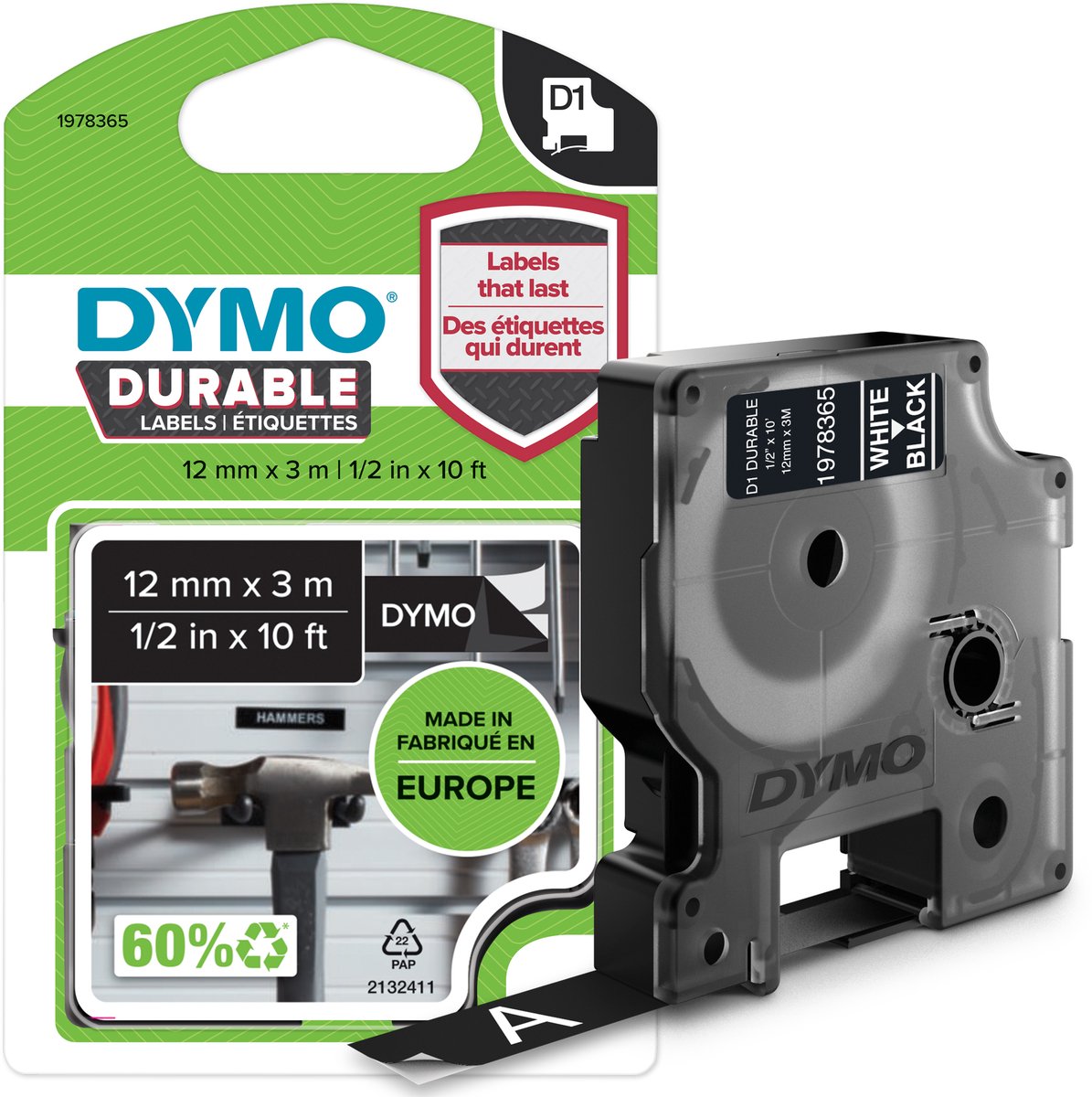 Étiquettes durables Dymo originales d1 | texte blanc sur étiquette noire | 12 mm x 3 m | étiquettes autocollantes pour l'imprimante d'étiquettes Label Manager | fabriqué en europe