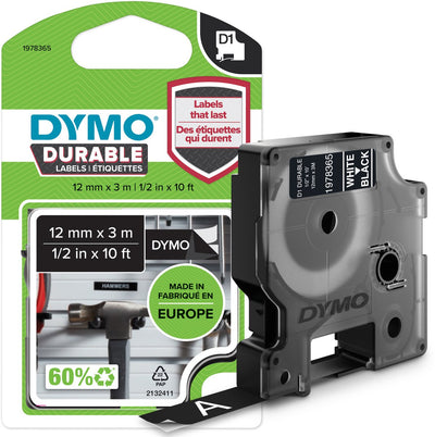 Étiquettes durables Dymo originales d1 | texte blanc sur étiquette noire | 12 mm x 3 m | étiquettes autocollantes pour l'imprimante d'étiquettes Label Manager | fabriqué en europe