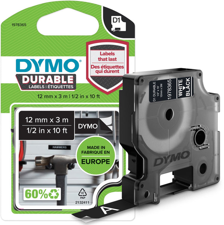 Étiquettes durables Dymo originales d1 | texte blanc sur étiquette noire | 12 mm x 3 m | étiquettes autocollantes pour l'imprimante d'étiquettes Label Manager | fabriqué en europe