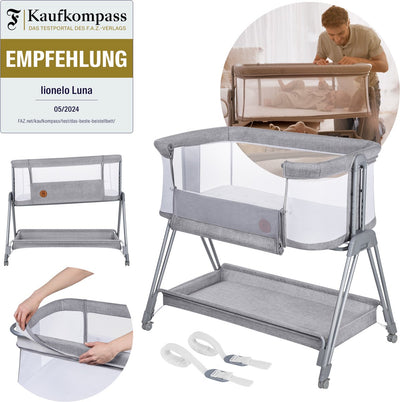 Lionelo luna – Lit bébé cododo 2 en 1 – naissance jusqu'à 9 kg – 7 positions de hauteur – matelas inclinable – côtés en filet – roulettes avec blocs – housse lavable – panier de rangement inclus