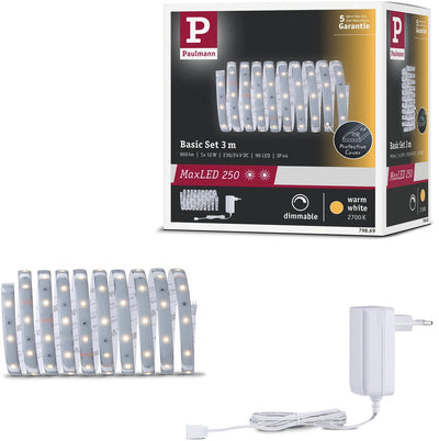 Paulmann maxled 250 bande led set de base 3m 2700k 3m enduit ip44 12w 300lm m 30 leds m 2700k 24va