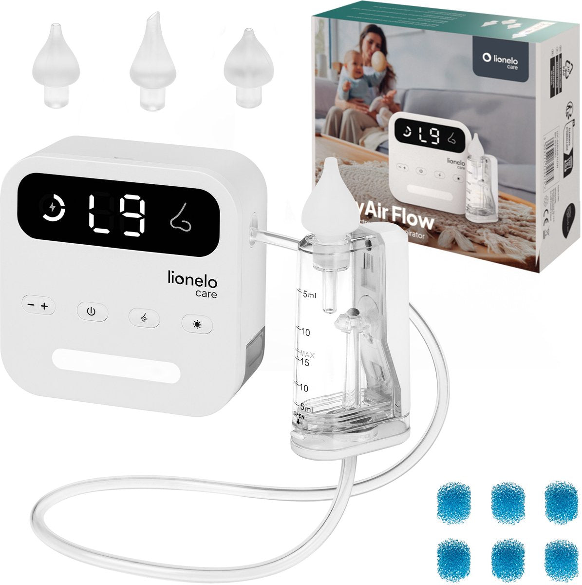 Lionelo care babyair – neusreiniger baby – krachtige neuszuiger: 65 kpa – zuigkracht 7,5 l min – draadloos: 1500 mah – led nachtlicht – 9 zuigstanden – 3x zachte siliconen tips – usb-c – elektrische neuspeer aspirator – neusdouche
