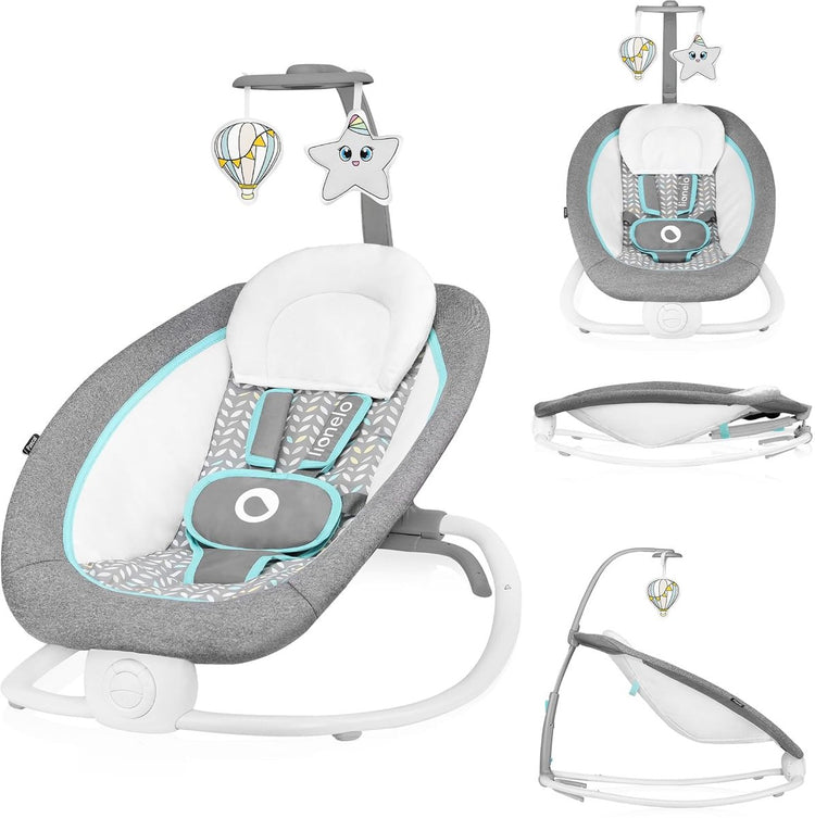 Lionelo Pascal - transat bébé à bascule - avec vibrations douces - 12 mélodies - dossier réglable - arche de jeu avec jouets - harnais 5 points - pliable compact - transat - chaise à bascule