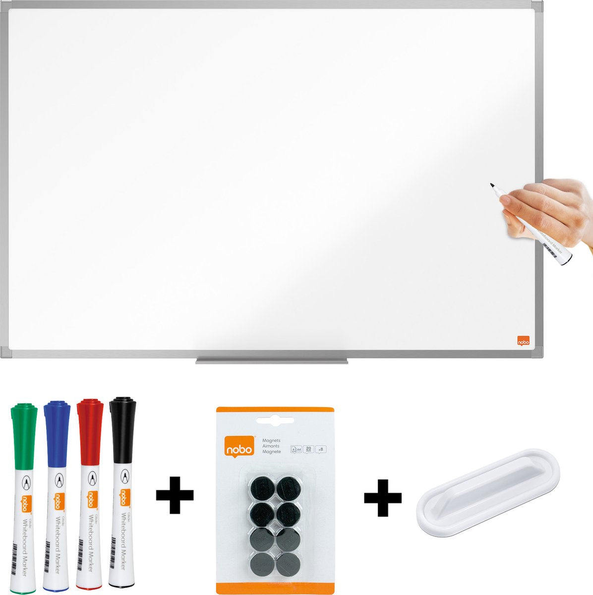 Nobo essence tableau blanc magnétique 90x60cm - avec kit de démarrage - avec plumier - tableau en acier laqué - blanc