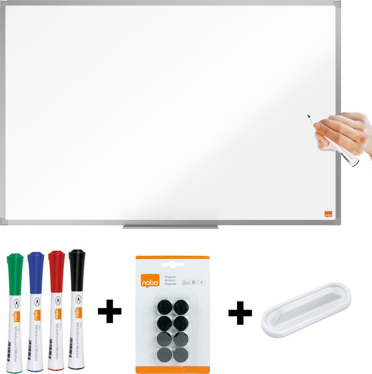 Nobo essence tableau blanc magnétique 90x60cm - avec kit de démarrage - avec plumier - tableau en acier laqué - blanc