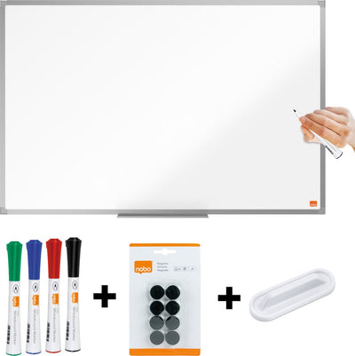 Nobo essence tableau blanc magnétique 90x60cm - avec kit de démarrage - avec plumier - tableau en acier laqué - blanc