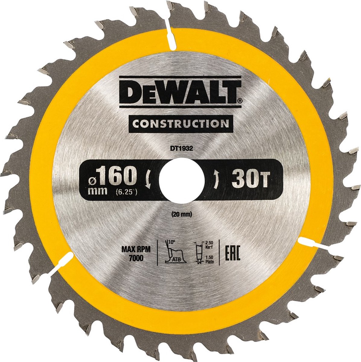 Lame de scie circulaire Dewalt pour le bois | construction | ø 160mm trou d'axe 20mm 30t - dt1932-qz