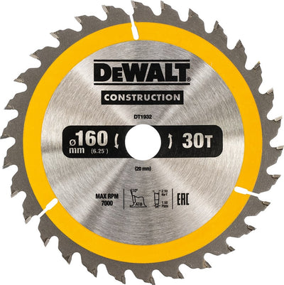 Lame de scie circulaire Dewalt pour le bois | construction | ø 160mm trou d'axe 20mm 30t - dt1932-qz