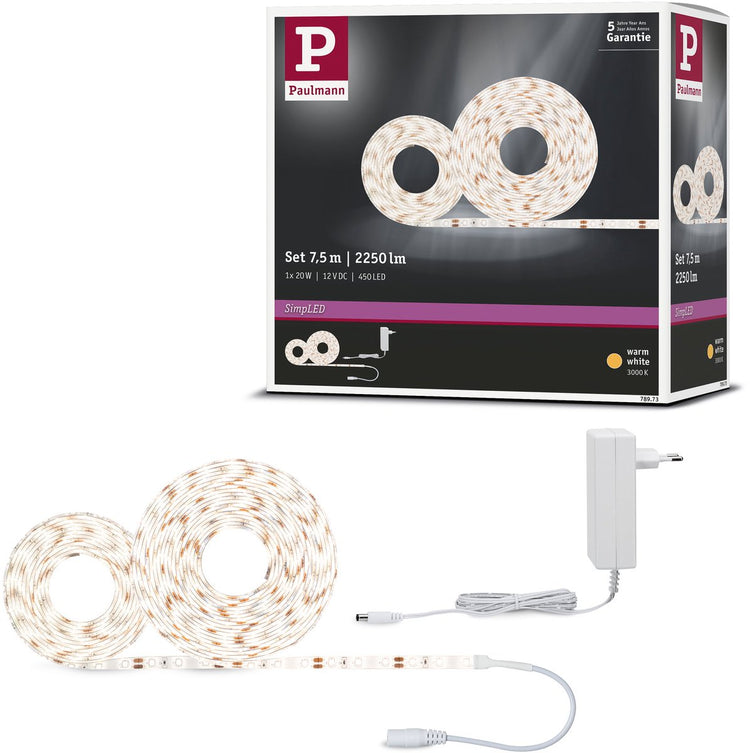 Bande LED Paulmann simpled 7,5 mètres blanc chaud 3000k - kit plug play - 20w - 300 lm m - 60 LED m - pour l'intérieur - revêtu