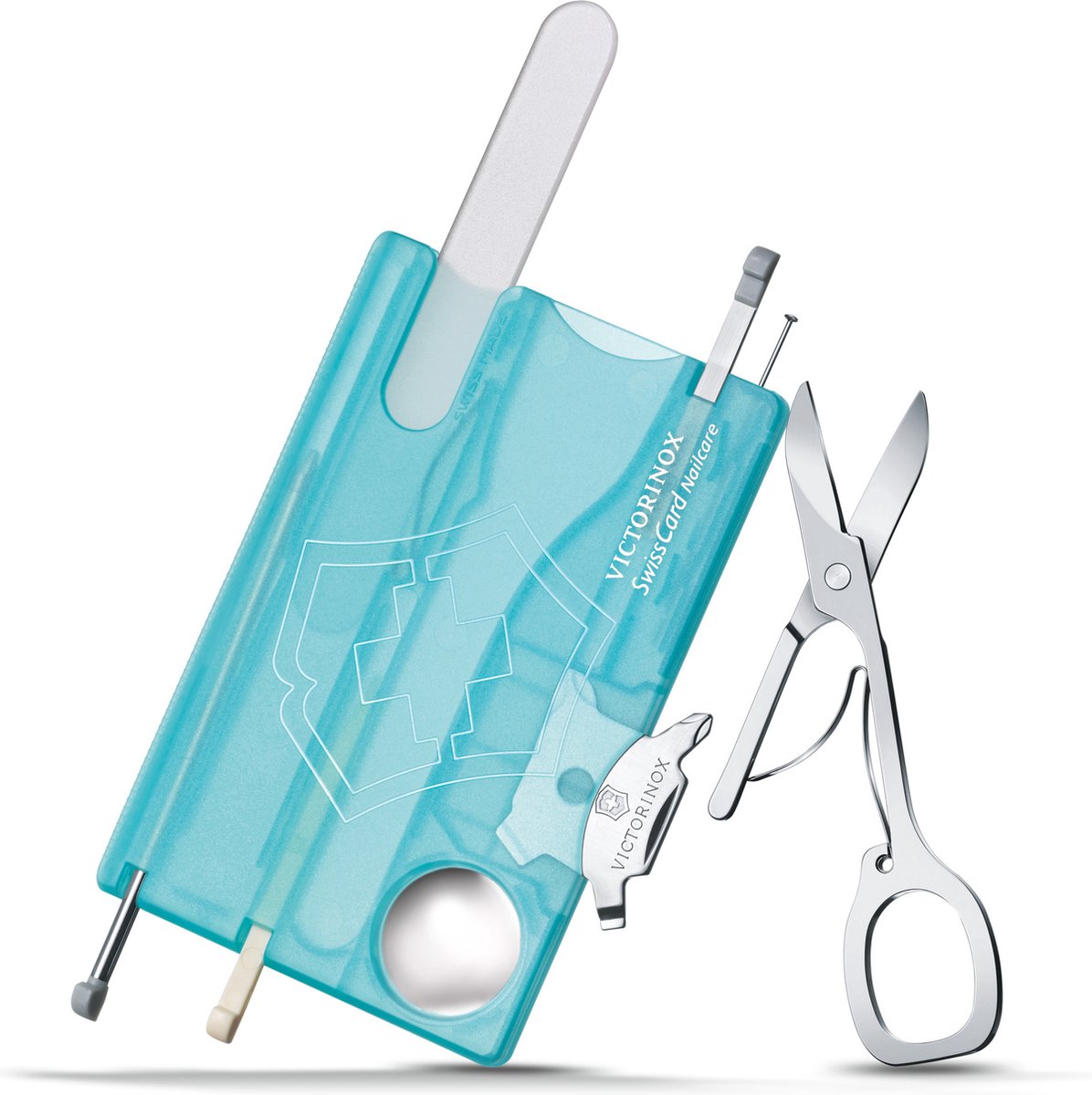 Victorinox Swisscard outil multifonction de soin des ongles 13 fonctions transparent bleu glacier