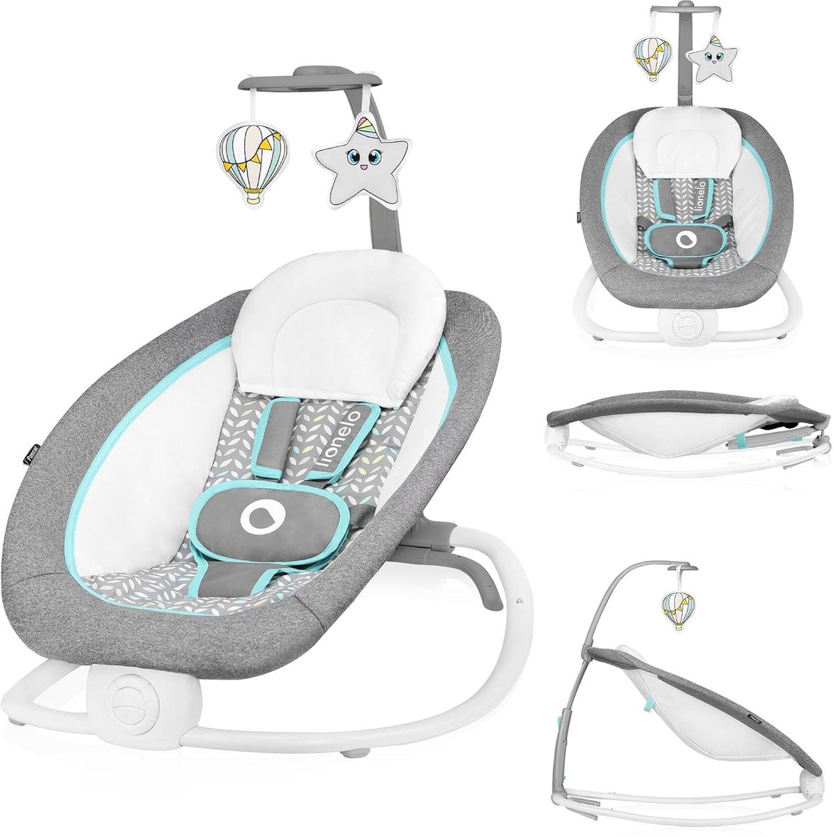 Lionelo Pascal - transat bébé à bascule - avec vibrations douces - 12 mélodies - dossier réglable - arche de jeu avec jouets - harnais 5 points - pliable compact - transat - chaise à bascule