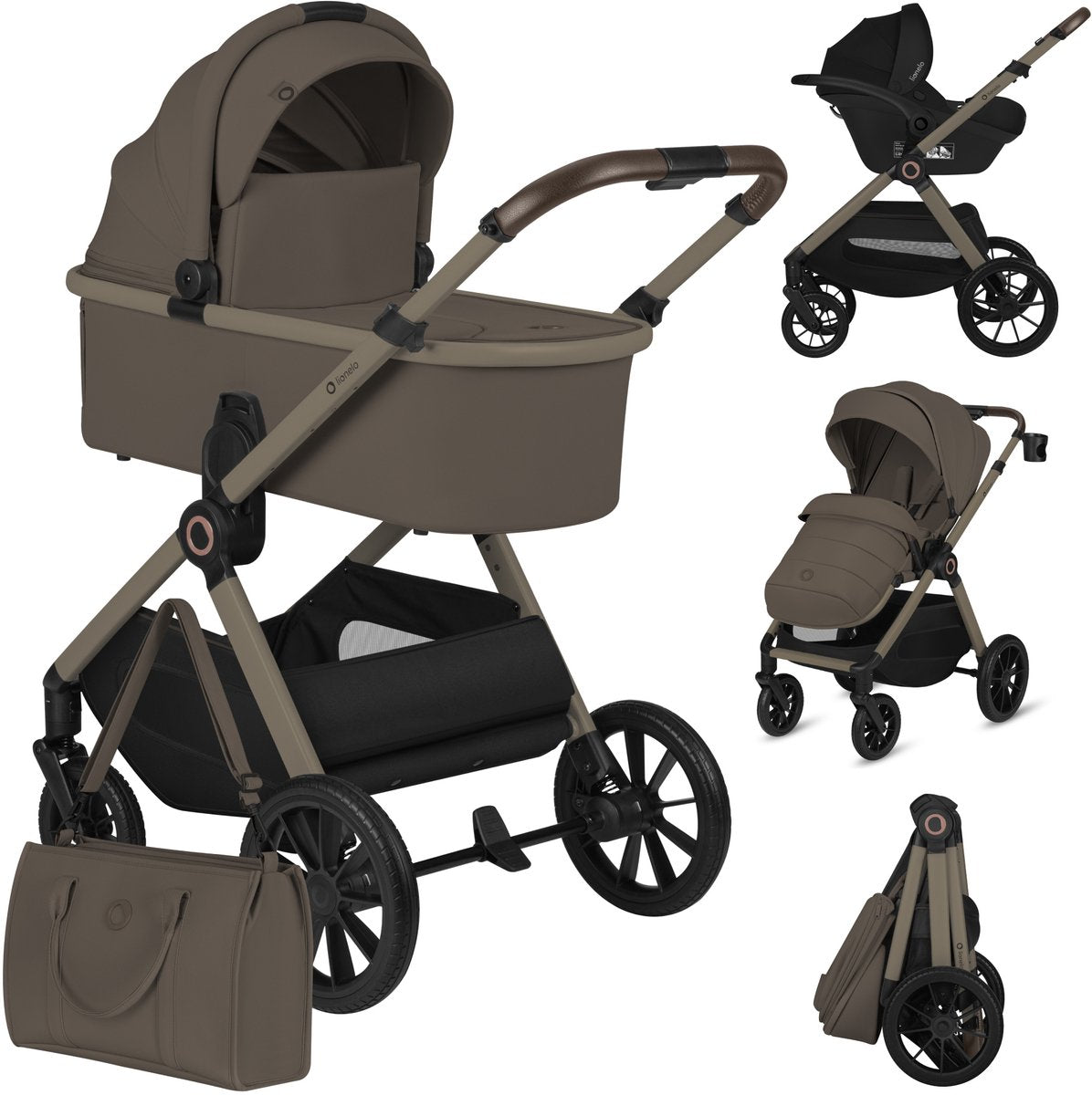 Lionelo layla - poussette 3en1 - ensemble xxl - incl. siège auto i-size - polyvalent et toute l'année - grandes roues - utilisation d'une seule main - pour tous types de terrains - kit d'accessoires